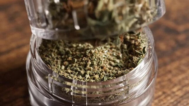 Close-up of a clear grinder filled with cannabis flower, producing finely ground marijuana on a wooden surface