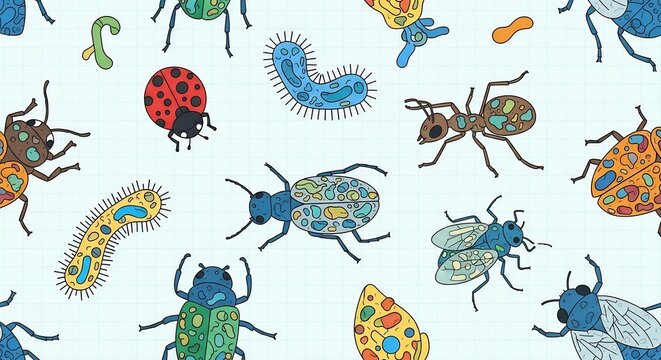 Seamless pattern of colorful hand drawn insects and microorganisms on a light background.