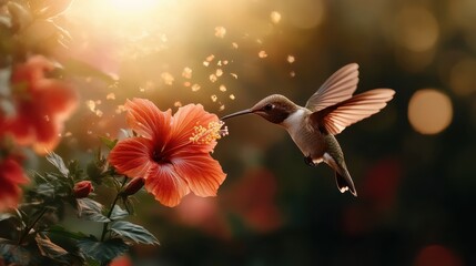 Fototapeta premium A vibrant hummingbird captured mid-flight, hovering near a bright hibiscus flower, symbolizing beauty, freedom, and the delicate balance of nature.