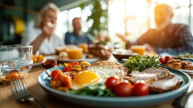 A colorful assortment of breakfast foods including eggs and vegetables set in a bright dining environment where friends and family share a meal to create lasting memories.