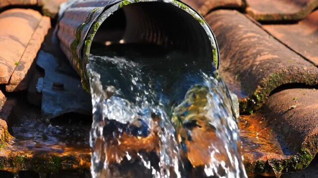 Close up view of rainwater flowing from a drainpipe onto a clay tiled roof after a storm