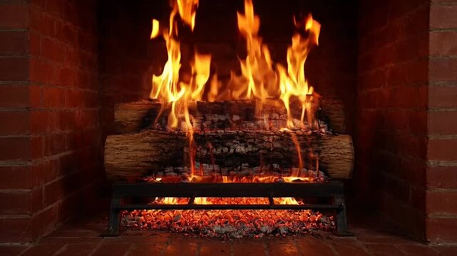 Fireplace with burning logs and flames.