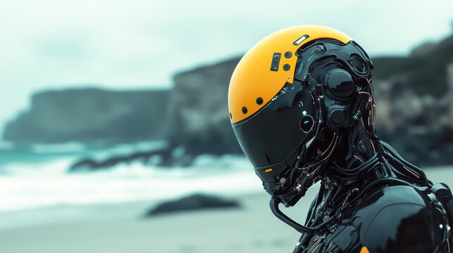 A sleek, futuristic robot standing on a beach, showcasing a blend of technology and nature, provoking thoughts on AI, humanity, and the coexistence of advanced beings with natural elements.