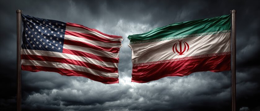 USA and Iran flags waving dramatically against stormy sky in high contrast lighting