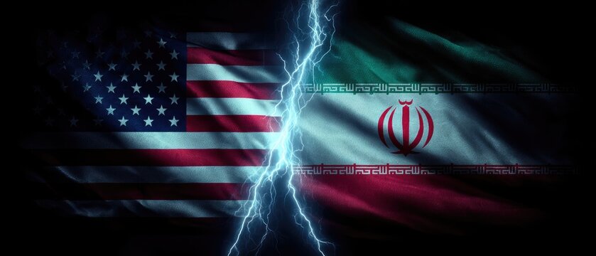 usa and iran flags facing each other with dramatic lightning strike in dark background