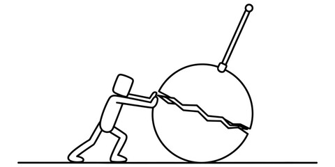 Obraz premium A minimalist line drawing showing a stick figure pushing a large cracked sphere on the ground Vector, illustration