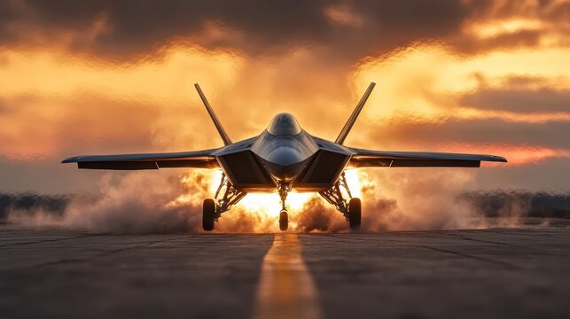 An impressive fighter jet takes off, creating a stunning spectacle as it lifts into the colorful sunset, emphasizing power, speed, and technology in aviation.