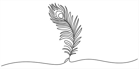 Continuous line drawing of a peacock feather with elegant curves on a white background. Vector, illustration © Alo 2026 Arts