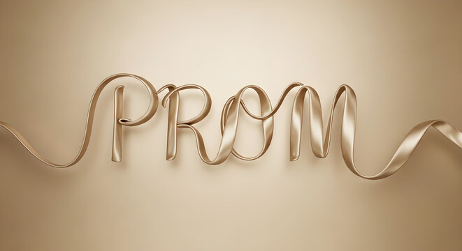 Golden ribbon prom sign, elegant beige background, celebration decoration
