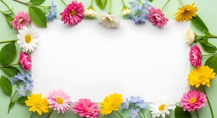 Obraz premium Colorful Flower Border Frame with Bright Zinnias Daisies and Petals