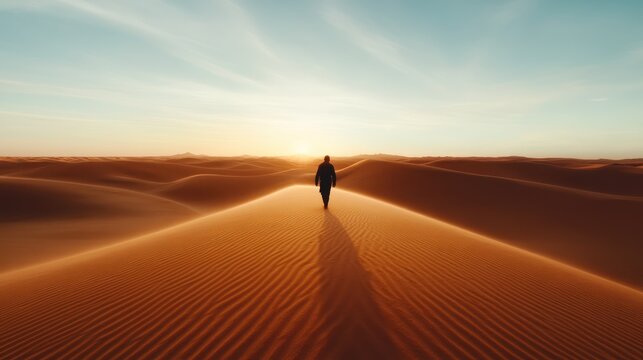 A lone figure traversing the vast desert landscape under a breathtaking sunset, symbolizing introspection, solitude, and the beauty of nature's expansive horizons.