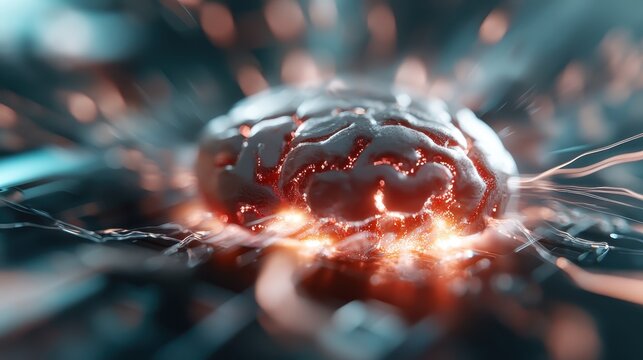 An abstract depiction of a brain surrounded by dynamic energy flows, capturing the essence of thought, innovation, and the explosive power of human intellect represented visually.
