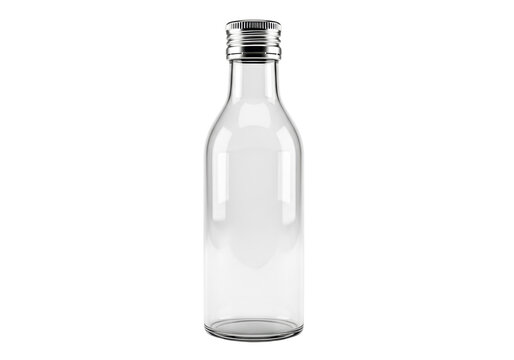 Pristine empty clear flint glass bottle with polished silver metallic knurled screw cap, isolated on a seamless transparent background, high-key studio lighting, commercial product mockup shot
