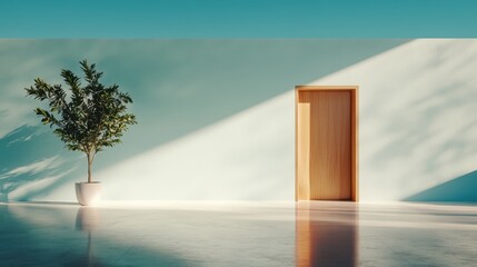 Fototapeta premium A serene minimalist interior featuring a wooden door beside a potted plant under bright light, creating a calming atmosphere ideal for relaxation and peace.