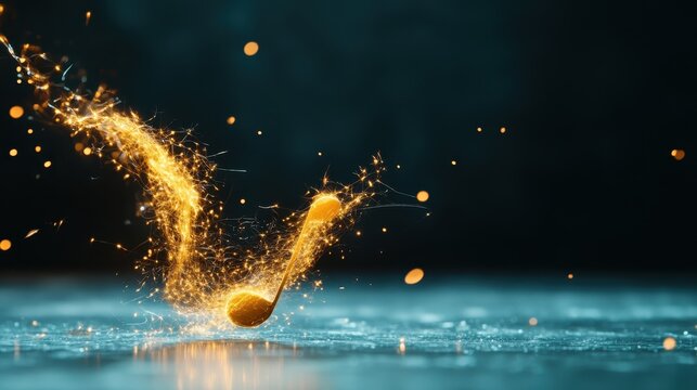 A dazzling musical note arising from a background of sparks, illustrating the vibrancy and joy of music, conveying a sense of rhythm and excitement in creative expression.