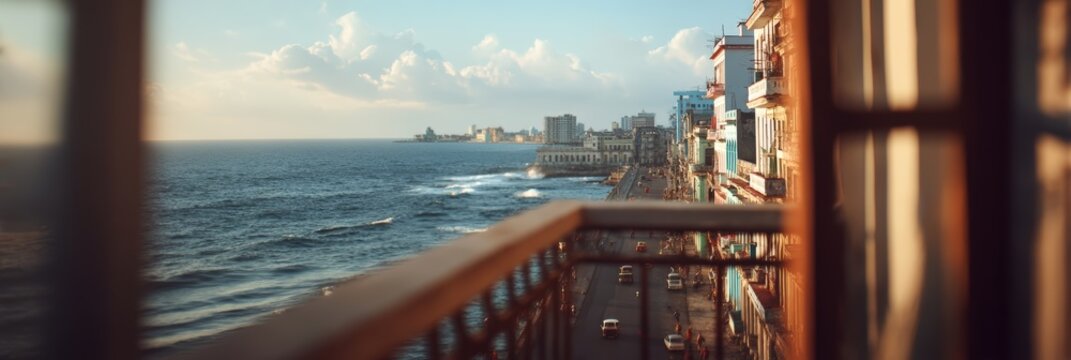 Cinematic Panorama of Havana Malecon Coastal View from Balcony