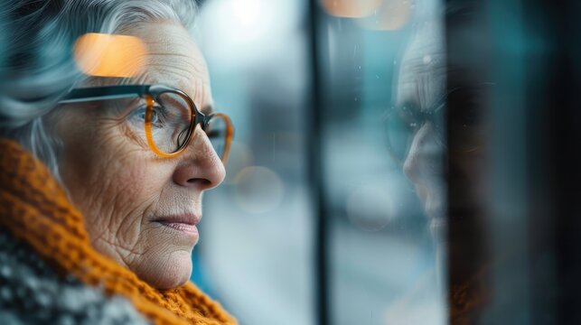 An elderly woman gazes thoughtfully out a window, her expression reflecting a lifetime of memories and emotions, showcasing the beauty of aged wisdom and experience.
