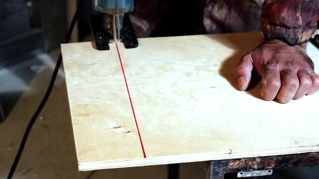 A man cut the plywood using an electric scroll saw., video