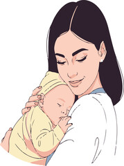 Obraz premium A tender illustration of a loving mother gently holding her sleeping baby in her soft embrace isolated on transparent background, Vector