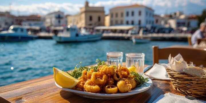 Fried Calamari and Ouzo by the Sea in a Traditional Greek Harbor