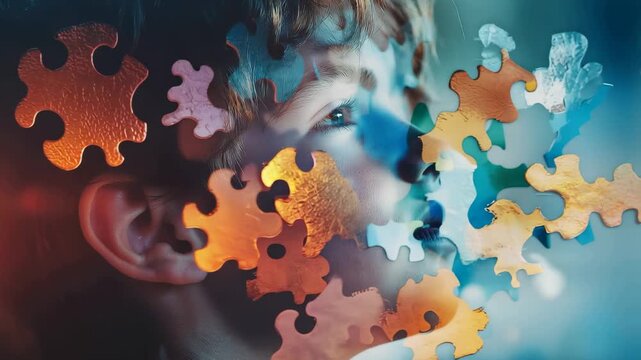 Celebrating World Autism Awareness Pride Day Month with artistic representation of a child's contemplative expression intertwined with colorful puzzle pieces