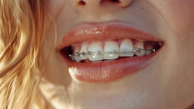 Flossing teeth in orthodontic studio showcases oral hygiene and care for individuals with braces