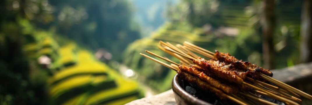 Authentic Indonesian Sate Skewers Overlooking Lush Rice Terraces