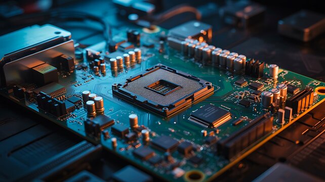 Close up of computer motherboard with central processor chip and electronic components in modern technology concept