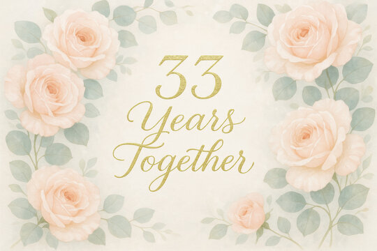 Elegant 33 years together anniversary card with soft pink roses, green leaves and golden calligraphy on cream watercolor background
