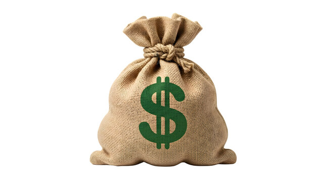 Burlap money bag with green dollar sign isolated on transparent background