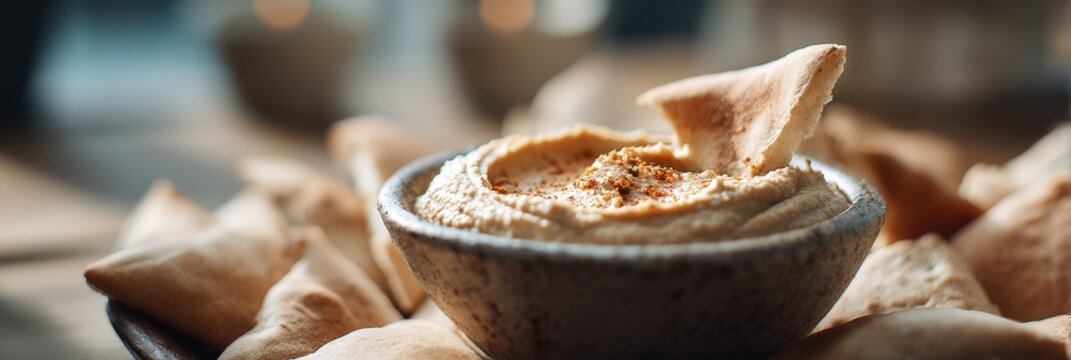 Creamy Hummus Dip with Spices and Fresh Pita Bread Close Up