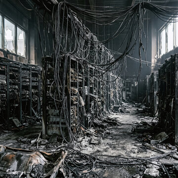 A dark, damaged server room with tangled wires and broken equipment, suggesting a catastrophic event. The scene is filled with debris and visible signs of destruction.