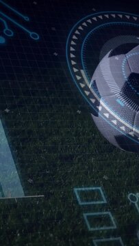 Vertical video: HUD activating, soccer ball shifting on turf, sports HUD overlay overtaking ball