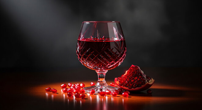 A glass of pomegranate juice with a half pomegranate and seeds on a table