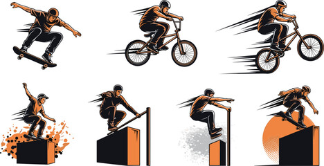 Naklejka premium Extreme Sports Illustration Set with Skateboarding BMX Cycling and Parkour Athletes Dynamic Motion Design for Action Sports Training and Urban Lifestyle Concepts