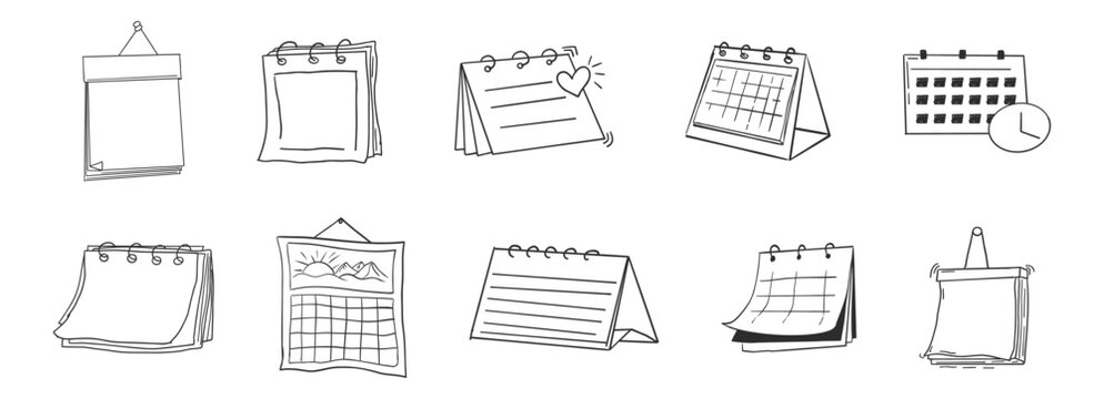 Calendar blank template in doodle style, sketch hand drawn clip art for planning, diary, sticker. Hanging line schedule planner. Reminder and calendar with a check.