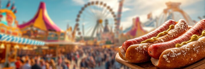 Obraz premium Grilled Sausages in Buns at a Vibrant Carnival Fairgrounds