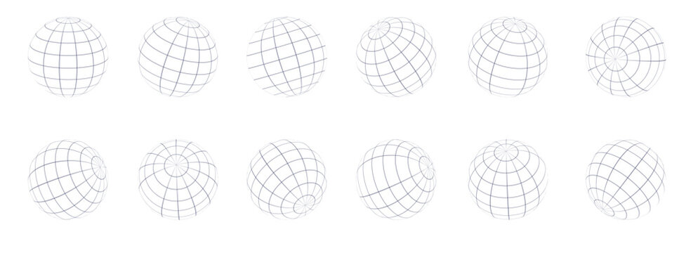 Globe grid spheres. Striped 3D spheres, geometry globe grid, Striped 3D orbs, Earth longitude and latitude line wireframe spheres, Earth globe hemispheres set. Geometry globe grid,