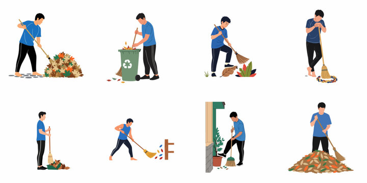 Set of illustrations depicting a young man cleaning and sweeping fallen autumn leaves with a broom and a recycling bin.