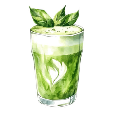 watercolor of Matcha Latte draw graphic, isolated on a white background.