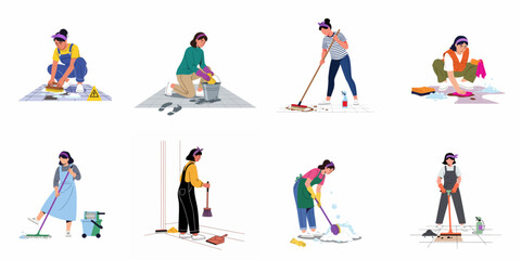 Fototapeta premium Collection of flat vector illustrations showing women cleaning floors with various tools including mops, brooms, brushes, and sponges for housework or professional services.