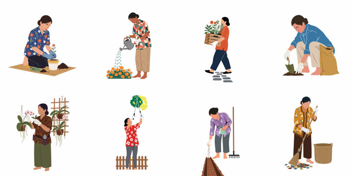 Set of vector illustrations depicting women engaged in various gardening activities such as planting, watering, pruning, and garden maintenance on a white background.