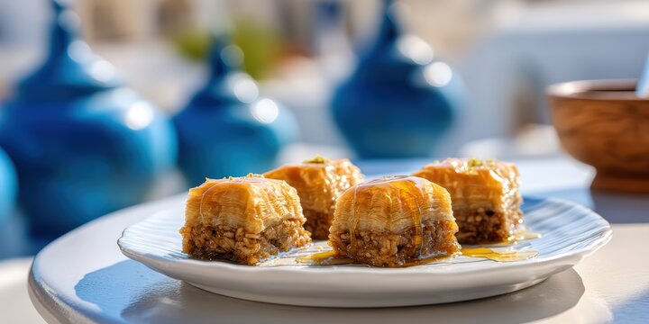Sweet Pistachio Baklava with Honey Syrup on a White Plate