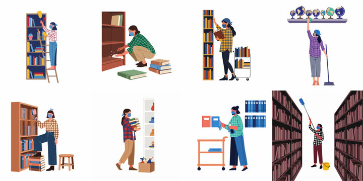 Set of illustrations depicting a woman in a mask cleaning and organizing bookshelves in a library, featuring dusting, shelving, and sanitizing tasks.