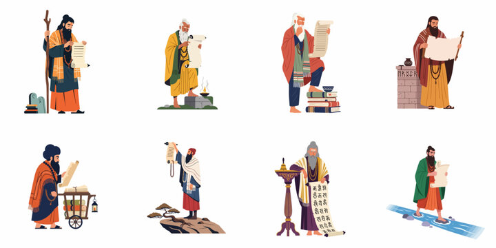 Set of flat vector illustrations depicting wise ancient sages, gurus, and spiritual teachers reading sacred scrolls and manuscripts in various poses.