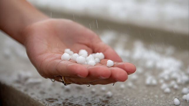 Close-up of a human hand cupped and filled with small white hailstones, with water droplets visible on skin and falling around