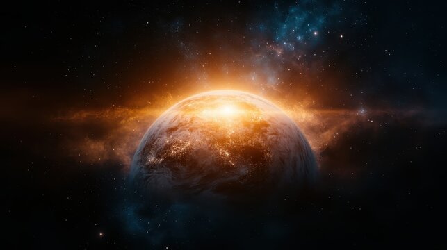 An astounding cosmic view showcases a luminous Earth emerging from the darkness of space, surrounded by radiant stars and nebulae, creating a breathtaking scene.