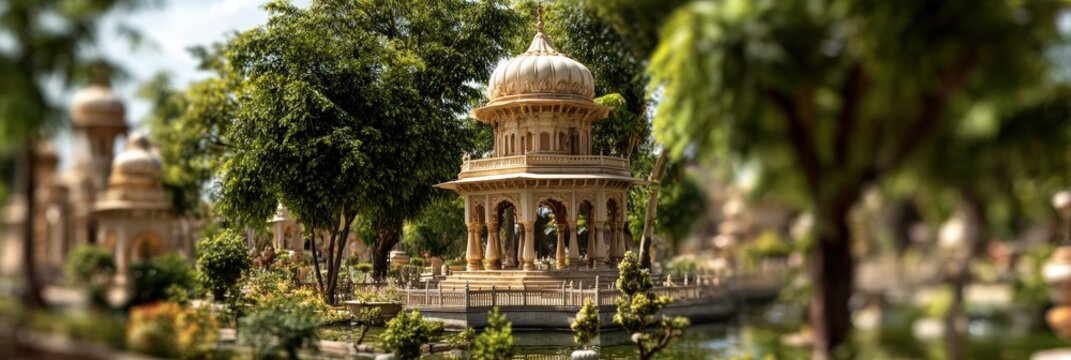 Miniature Indian Pavilion in Lush Garden with Tilt Shift Effect