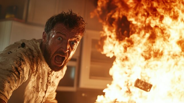 A dramatic scene showing a man yelling in alarm as flames engulf his kitchen, capturing the panic and urgency of a life-threatening situation that demands immediate action.
