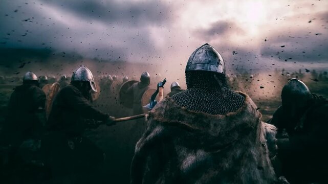 Rear view of armored soldier advancing through chaotic battlefield filled with dust and flying debris conveying tension perseverance and historical drama